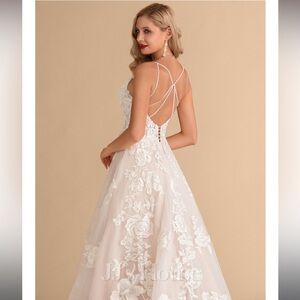 JJs House White Lace Appliqué A-Line Wedding Dress with Beaded Straps